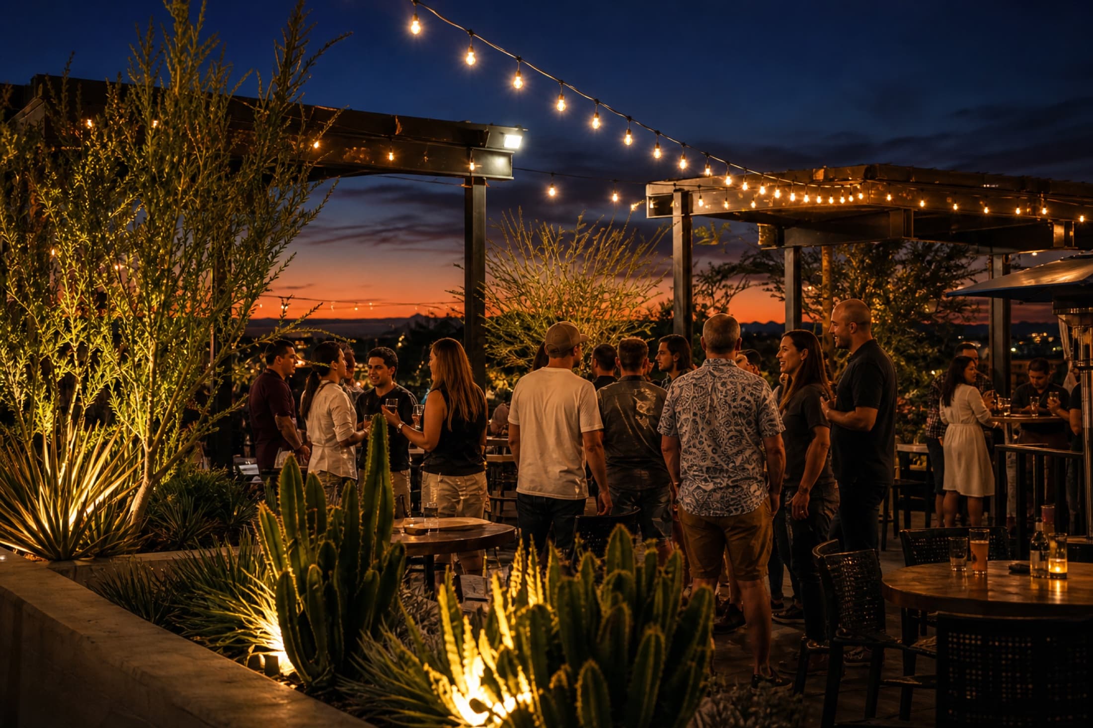 An evening gathering under string lights at The Perch