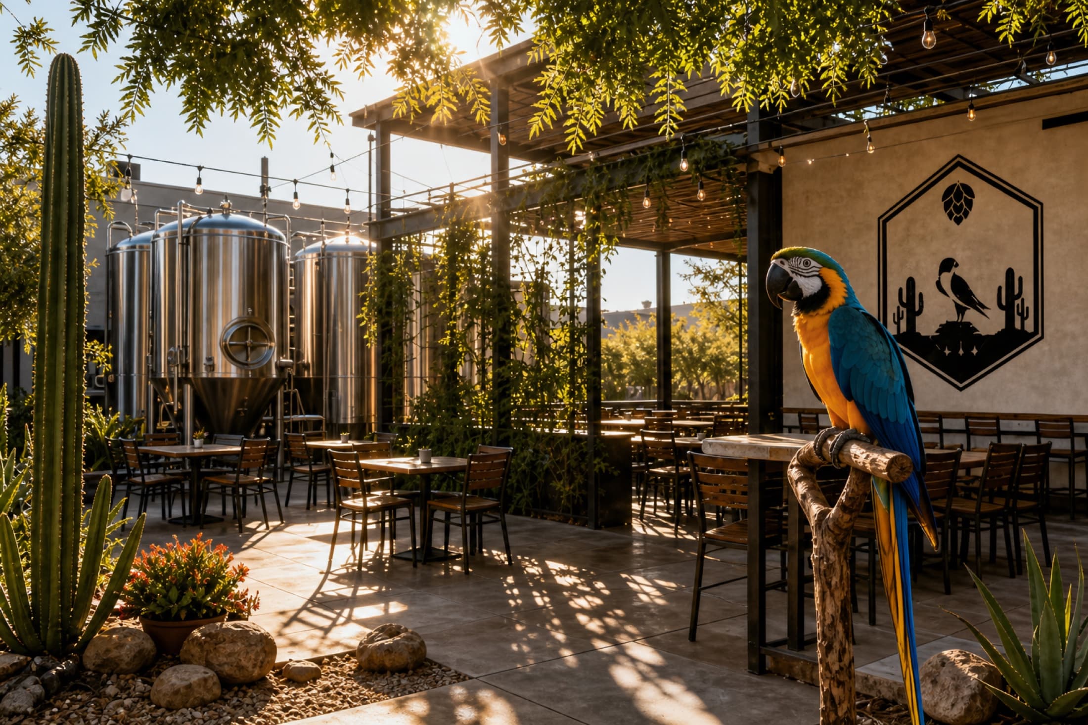 A sunlit Arizona brewery courtyard with brewing tanks and a blue-and-gold macaw